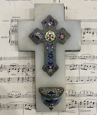 Antique French Champleve Enamel Onyx Holy Water Font Cross Crucifix c1895