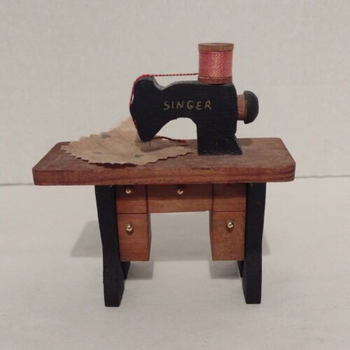 Dollhouse Miniature Wooden Singer Sewing Machine with Thread Spool and Material - Picture 1 of 11