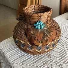 Orig. 6” Pine Needle Basket Feathers Turquoise trim￼ Hand Woven  RARE