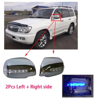 Silver Cover For Toyota Land Cruiser LC100 1998-2007 Side Mirror w/Blue Led Lamp
