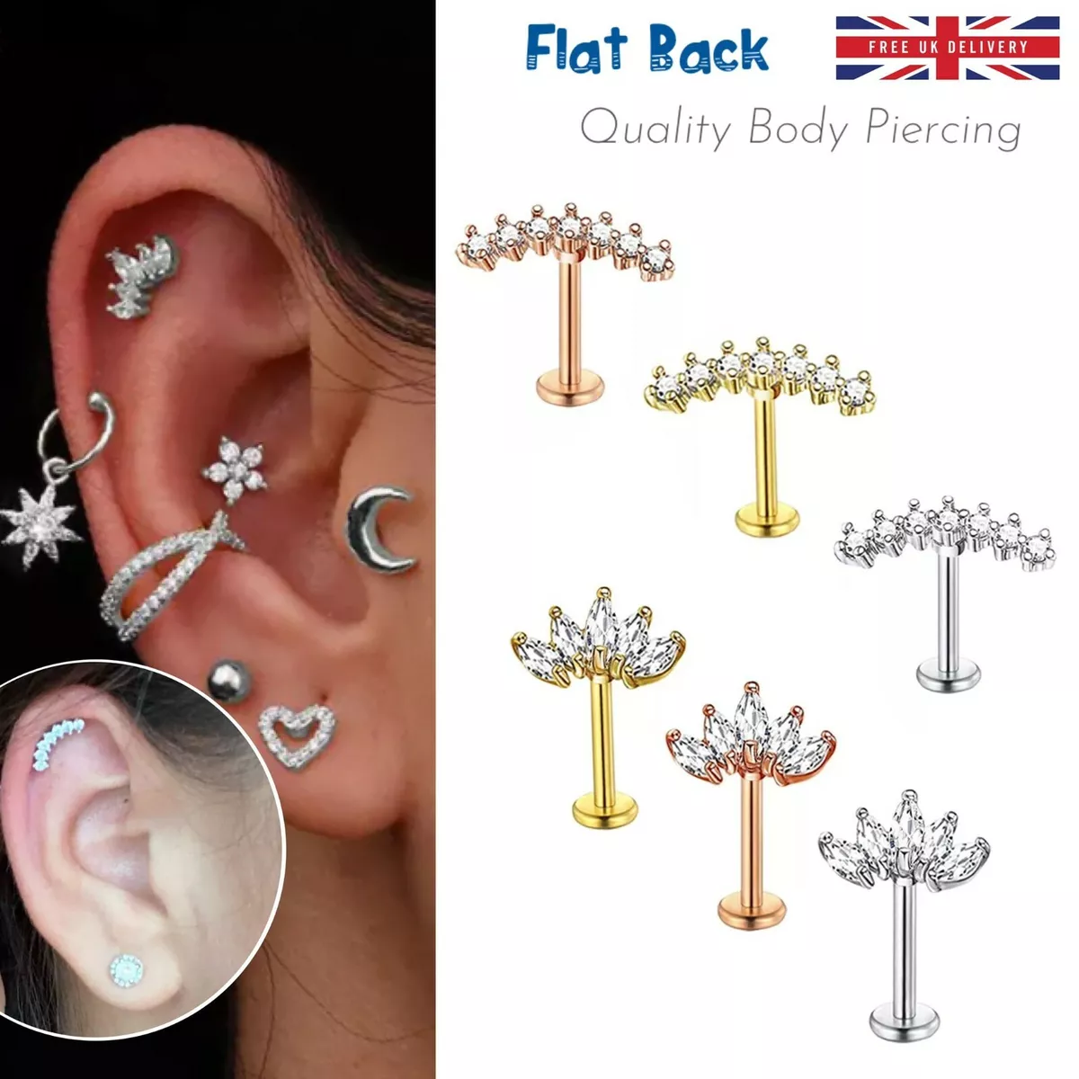 Labret Piercing Ear Ring Surgical Steel Stud Crystal Gem Flat Back Tragus  Helix