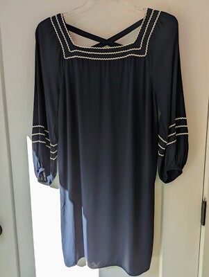 Loft Women's Size Med Short Dress Navy w white Rick Rack Beachy Nautical Preppy 
