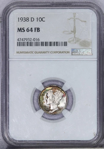 1938-D Mercury Dime 10c NGC MS64FB - Beautifully Toned!