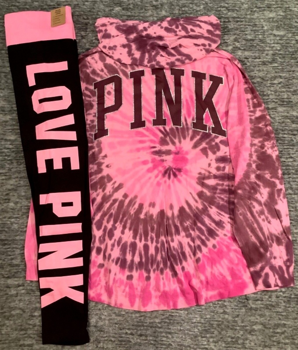 Victoria's Secret Pink Tie Dye Varsity Hoodie Shirt Leggings Set Dreamy  Pink L