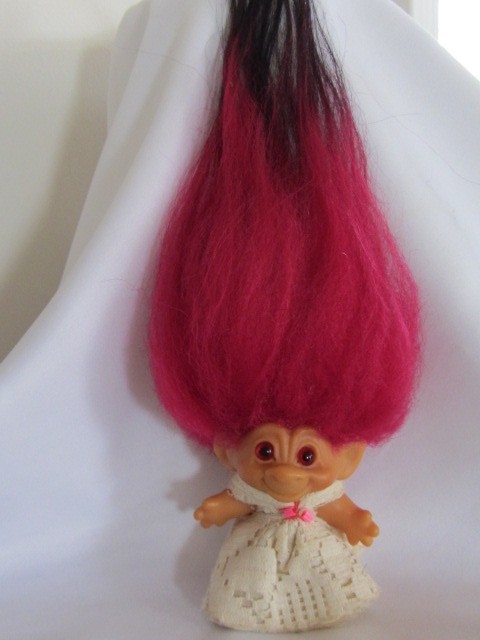 Vintage !960's Troll Doll w/ Original Black-tipped Fuchsia Mohair & Spiral Eyes