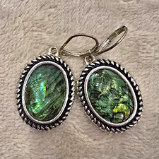 Napier Signed Silver Tone Oval Shell Inlay Bezel Leverback Dangle Earrings