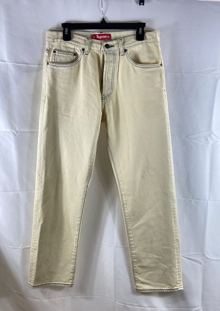 Supreme Men's Cream Star Logo Embroidered Straight Leg Denim Jeans