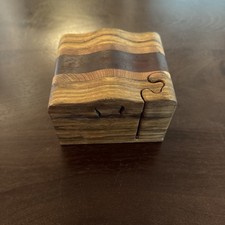 Vintage Natural Hand Made Wooden Puzzle Box, Hidden Compartments, signed dated