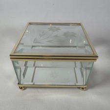 Vintage Glass Brass Jewelry Box Etched Floral Lid Trinket Holder Mirrored Flower