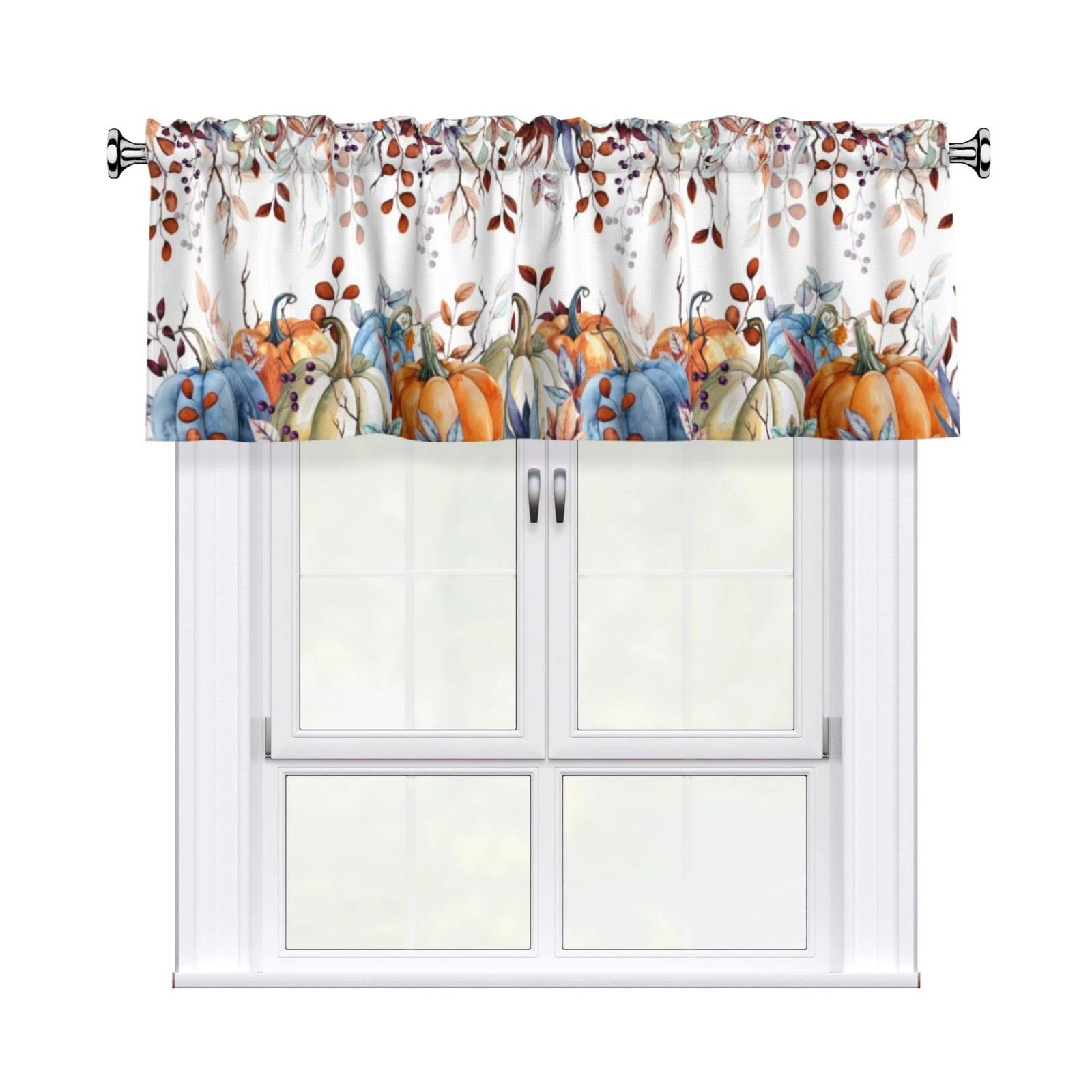 Fall Curtain Valance 54" x 18" Pumpkin Eucalyptus Leaves Kitchen Window Curta...