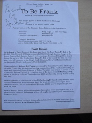 Theaterprogramm Pleasance Edinburgh To Be Frank HANDSIGNIERT David Benson 2001