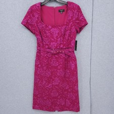 Tahari ASL Puff Cap Short Sleeve Sheath Pink Belted Dress Womens Size 6P NWT