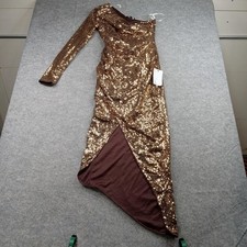 Lulus Dress Womens Small Brown Gold Sequin One Shoulder Long Sleeve Gown Evening