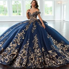 Navy Blue Luxury Gold Appliques Quinceanera Dresses Off Shoulder Sequin Beads