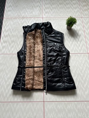 EA7 Emporio Armani Women's Quilted Puffer Vest Hooded Sherpa Lined Black Size L