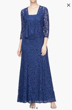 R M Richards Blue Floral Lace Sequin 2pc Dress Jacket Set 3/4 Sleeve 14