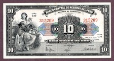 PERU 10 SOLES DE ORO Banknote 1945 Zustand II  XF+  SPL+  S/N C32/315209 P. 67Aa