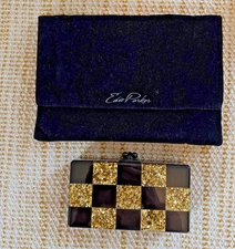 Edie Parker Black & Gold Acrylic Clutch Bag w/ Mirror & Dust Cover- evening purs