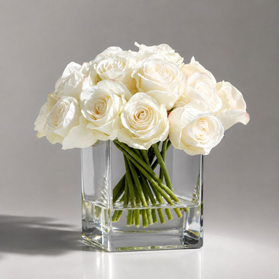 New Luxury Decorative Floral Arrangement with White Roses in Glass Vase 9''