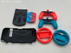 Nintendo Switch Accessories Lot 8 Pieces Grips Steering Wheels Stand Case Skins