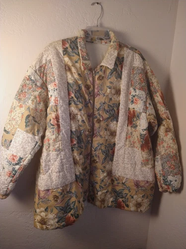 Handmade Patchwork Mix Quilt Jacket Coat Womens L Pastel Floral Pockets Boho