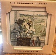 Set of 4 Vintage AbsorbaStone The Absorbent Coaster Golf Bag Scene Made in USA