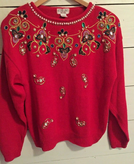Beaded Bejeweled Holiday Christmas Sweater Women's Petite Med Cotton