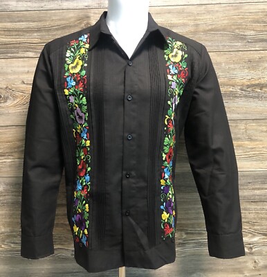 Men Mexican Guayabera Wedding Shirt Black Fabric Multi-Color
