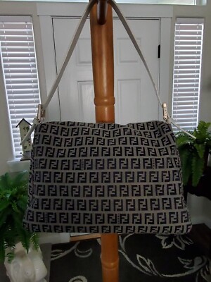 FENDI Mamma Baguette Zucchino FF Canvas Shoulder Bag Navy Blue