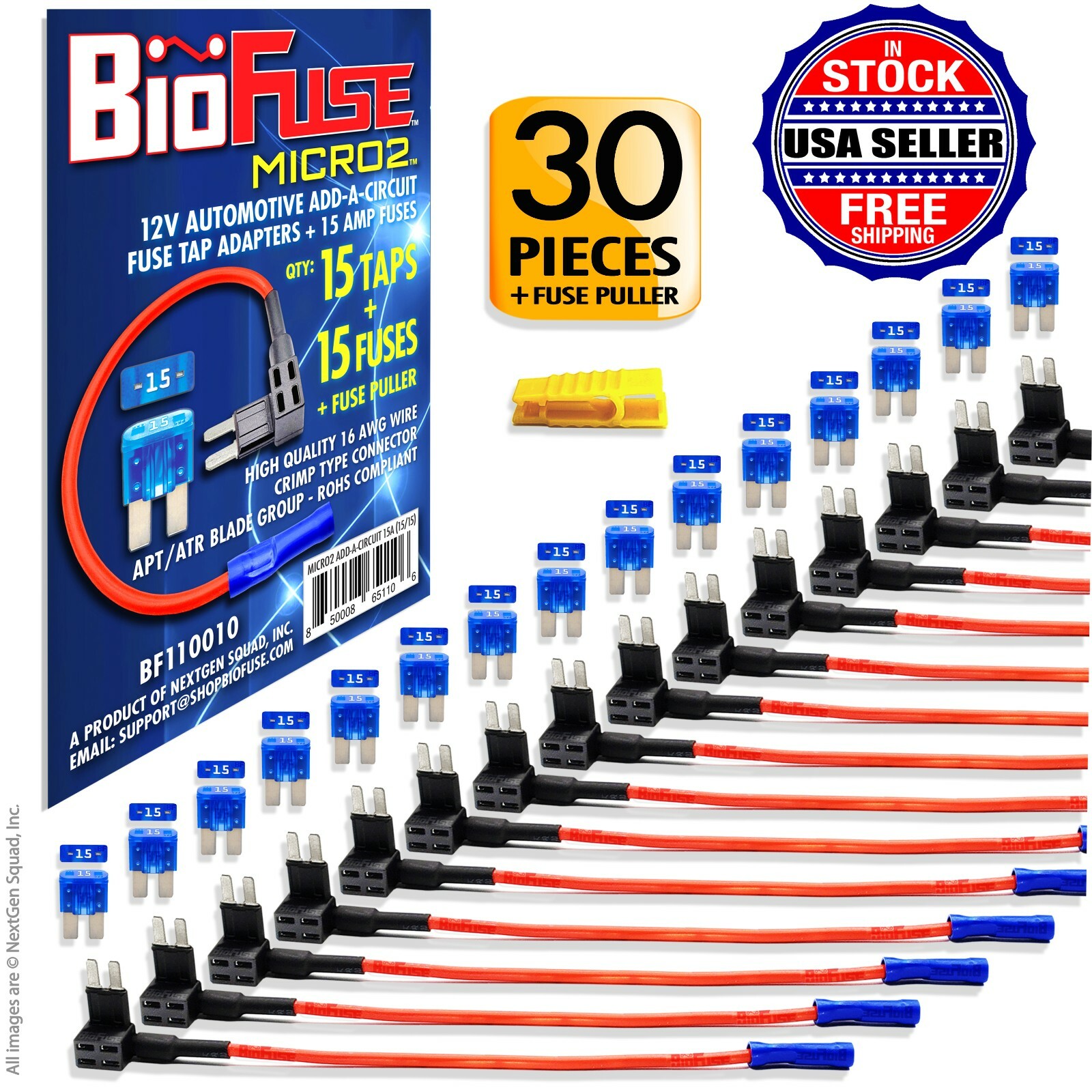 BioFuse® MICRO2 Add Circuit Fuse Tap Holder Lot 15 Taps 15 Fuses 15A