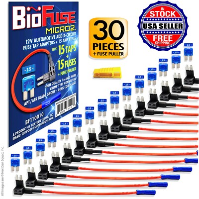 BioFuse  MICRO2 Add Circuit Fuse Tap Holder Lot: 15 Taps - 15 Fuses 15A- Puller