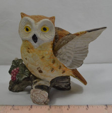 Vintage Horned Owl on Log Figurine Ceramic Brown 5" Classic T56