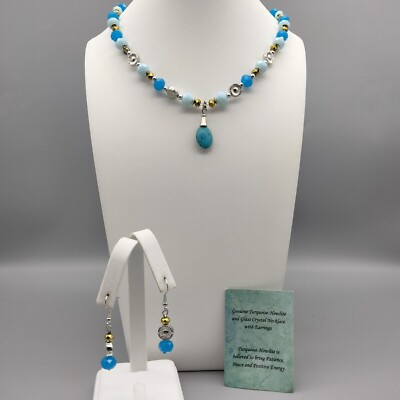 Art Glass & Turquois Blue Bead Set Necklace 20'' Earrings Vintage Artisan Made