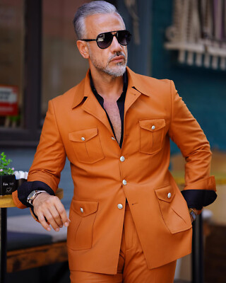 Orange Vintage Men's Safari Jackets 2 Pieces Hunting Sports Suits