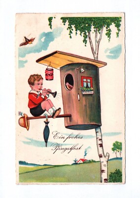 Artist Postcard A Happy Pentecost 1935 Boy Playing Flute At Birdhouse
