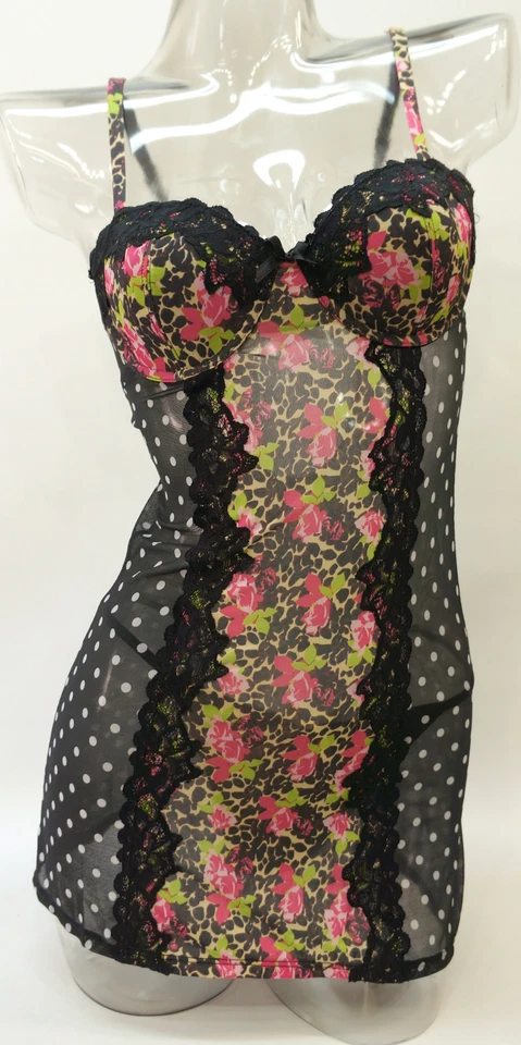 Conjunto de babydoll y tanga floral negra Biatta Intimates 34B para mujer Foto 2 de 4