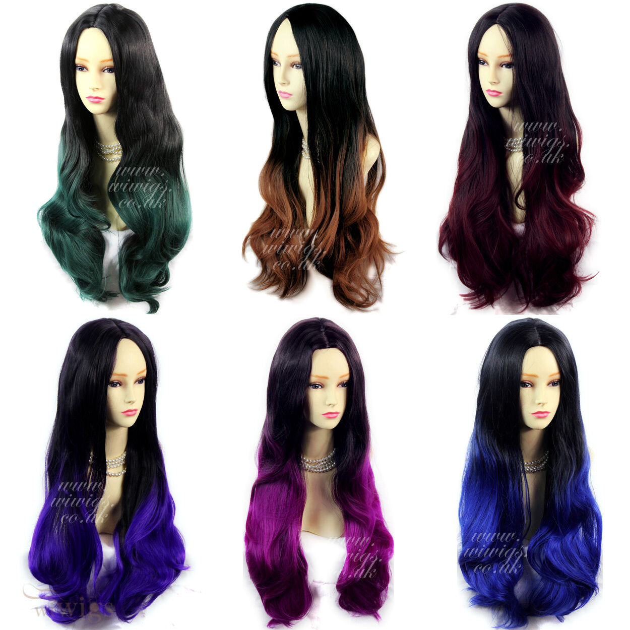 Details Zu Wiwigs Long Wavy Ombre Dip Dye Ladies Wigs Black Brown Red Blue Purple Green