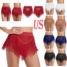Womens Mesh Briefs Shorts Belly Dance Latin Dance Mini Skirt Tassel Swing Skirts