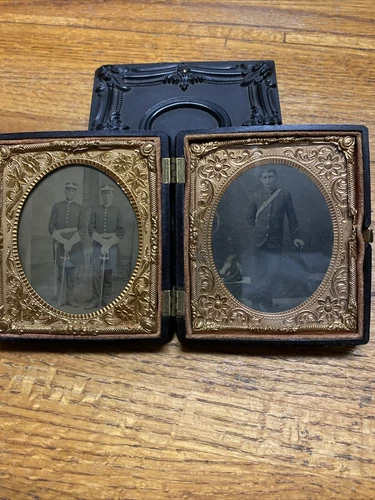 US Civil War Tintype Double Photo Armed Confederate Militia Union Rare Read