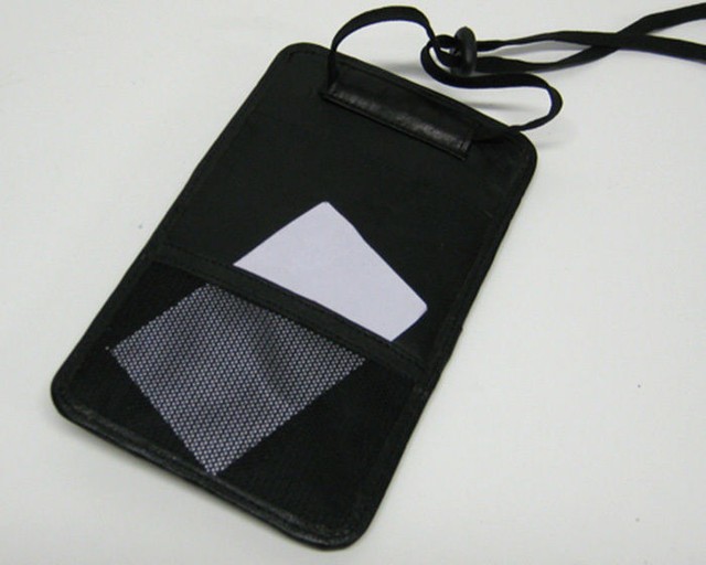 Black Leather Passport Boarding Pass ID Card Thin Lanyard Holder Neck