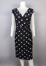 LAUREN Ralph Lauren Black White Polka Dot Sheath Dress Ruched VNeck Stretch Sz 8