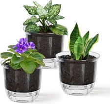 Self Watering Pots Set, 3 Pack 4 Inch for Indoor Plants, Clear Nursery Planter w