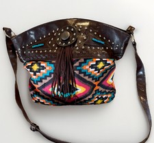 Studded Brown Leather Western Fringe Purse Handbag Turquoise Beads Cowgirl Rodeo