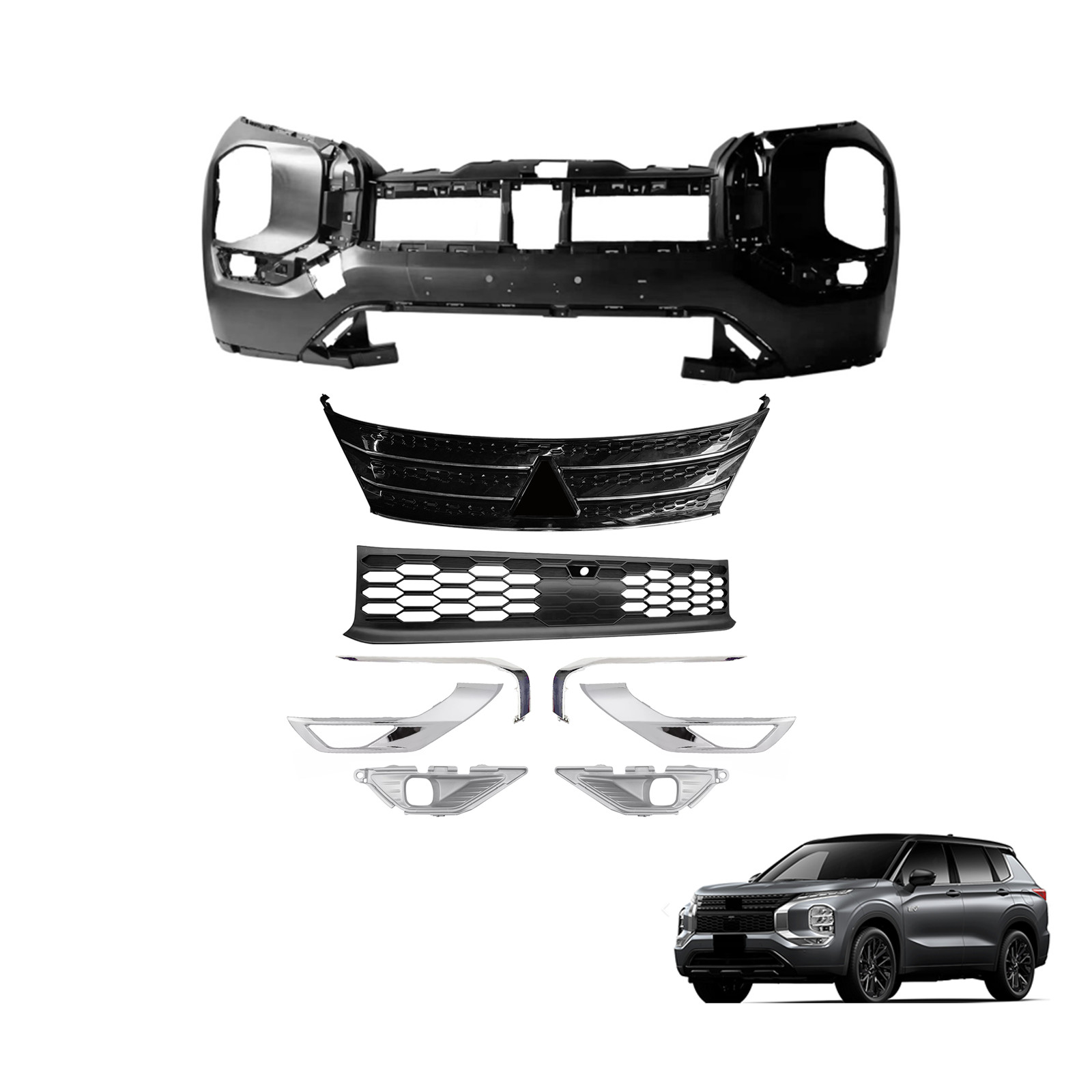 Front Bumper Cover & Grille & Fog Light Cover Kit For 22-23 Mitsubishi Outlander