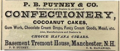 P.B. PUTNEY & CO Confectionery - Manchester, N.H. Antique 1874 Print Ad