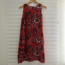 Garnet Hill Floral Sleeveless Shift Linen Dress Fringe Hem Pockets Womens 8