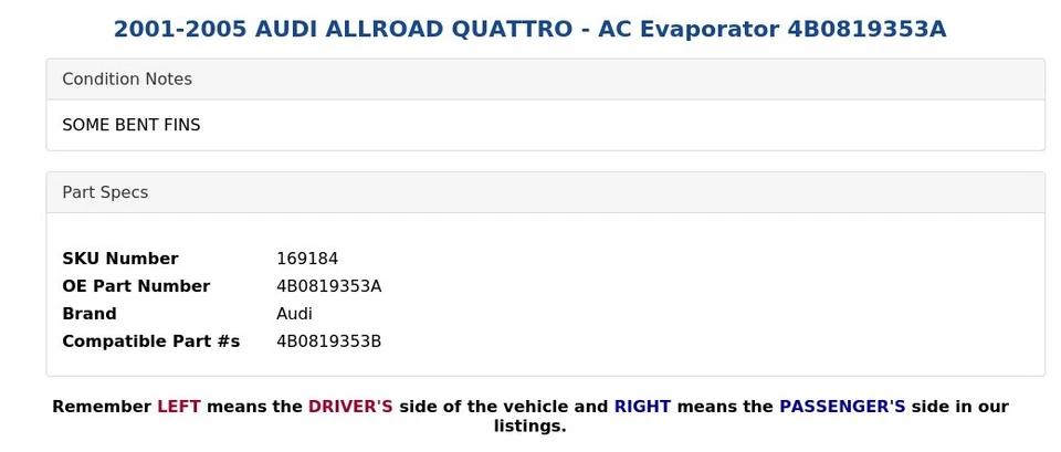 AUDI ALLROAD QUATTRO 2001-2005 - Evaporador de aire acondicionado 4B0819353A Foto 3 de 4