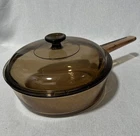 Corning Vision Ware Amber Brown 10” Glass Deep Skillet pot  w PYREX Lid VTG