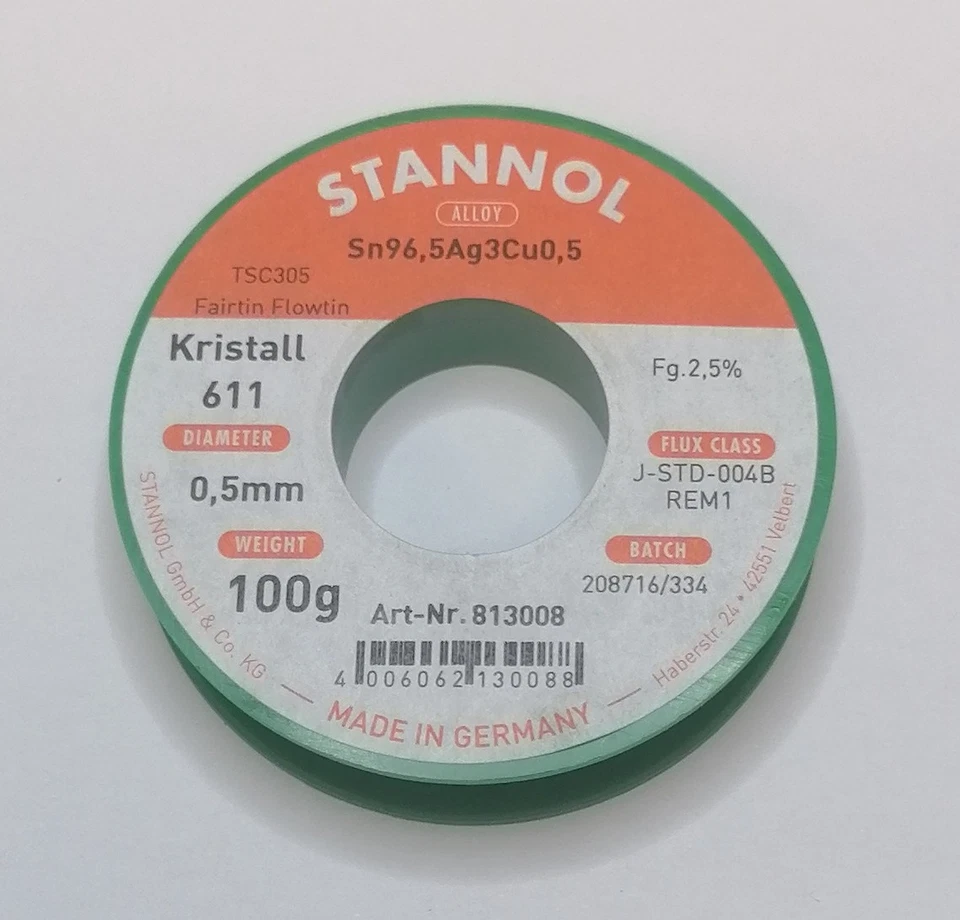 Stannol Lötzinn/Lötdraht Kristall 611 TSC305 Flowtin Sn96,5Ag3Cu0,5 0,5mm 2,5% - Bild 1 von 1