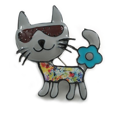 Hellgraue Emaille Katze in der Brille Brosche in schwarz Ton - 45 mm hoch